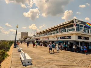 Visitors stroll the Rehoboth Beach Boardwalk beside oceanfront shops on a warm fall day